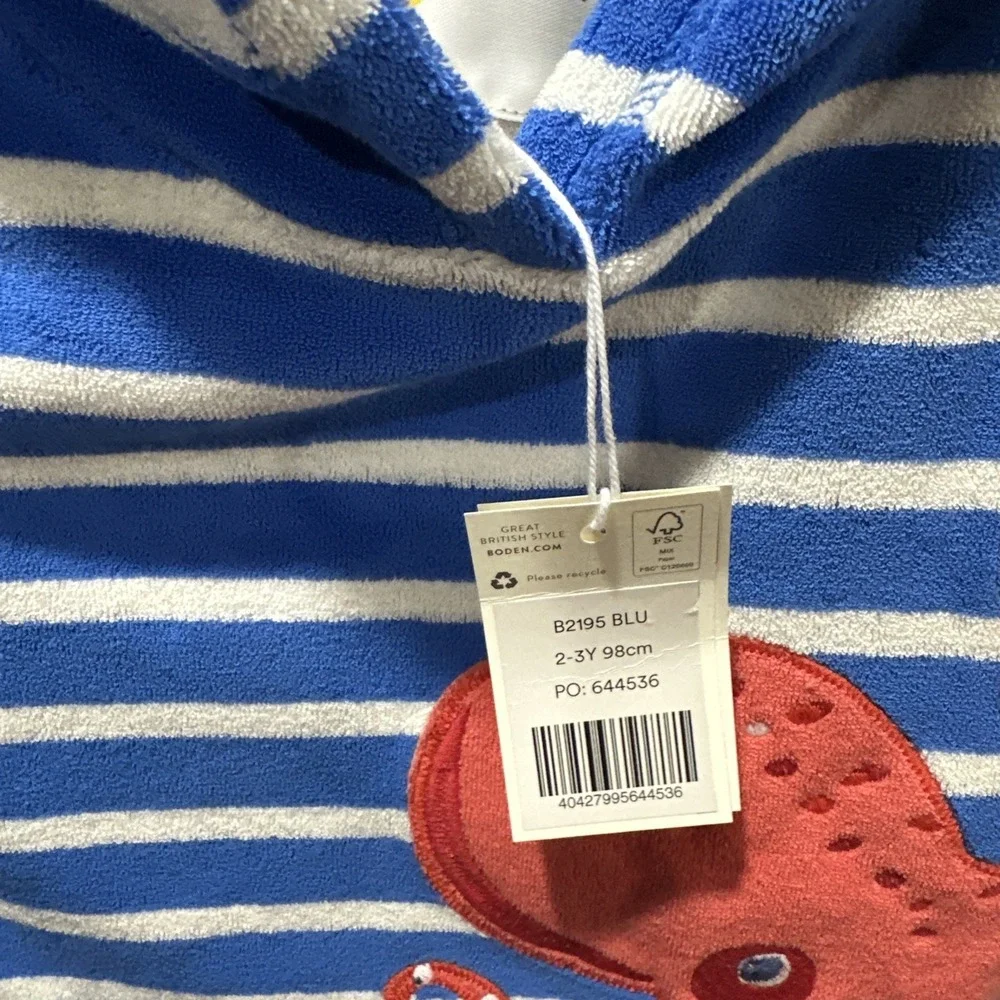 Mini Boden Appliqué Towelling Size 2-3YRS Throw-on Cabana Blue/Ivory Octopus NWT